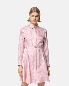 Barocco Silk Midi Shirt Dress Pink,Print | Versace US Button Down Shirt Dress, Dress Gallery, Versace Dress, Shirt Dress Style, Midi Shirt Dress, Silk Twill, Gianni Versace, Product Label, Pink Print