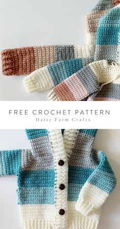 two crocheted sweaters are shown with the words free crochet pattern