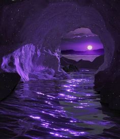 an ice cave filled with water under a purple sky and stars above the ocean at night