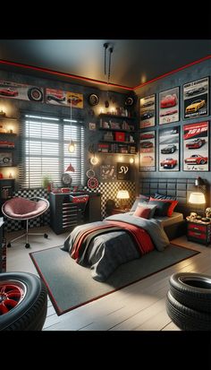 a bedroom with lots of cars on the wall and pictures on the walls above it