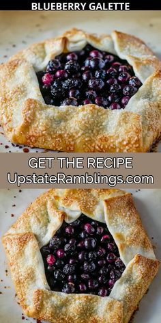 two pies with blueberries on top and the words get the recipe updated below