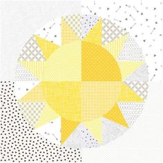 a yellow sun is in the middle of a white and black pattern with dots on it