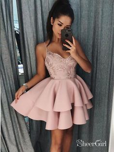 Spaghetti Strap Shiny Mini Homecoming Dresses Chic Summer Hoco Dress ARD1544-SheerGirl Short Mini Dresses, Short Noir, Mini Homecoming Dresses, Formal Ball Gown, Satin Homecoming Dress, Cheap Homecoming Dresses, Pink Party Dresses, Pink Homecoming Dress, Party Events