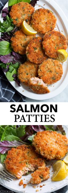 salmon patties on a plate with lettuce and lemon wedges