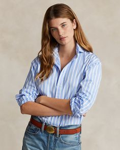 Relaxed Fit Striped Cotton Shirt Downtown Dress, Ralph Lauren Fall, Polo Ralph Lauren Shorts, Classic Style Women, Ralph Lauren Sweater, Fashion Line, Preppy Outfits, Dress Code, Fashion Pictures