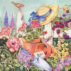 a watercolor painting of flowers and a hat in a garden with a bird on the fence