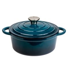 a blue casserole dish with a lid