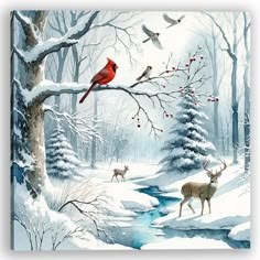 a painting of two deer and a cardinal in the snow with a stream running through it