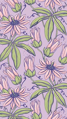 a purple background with pink flowers and green leaves