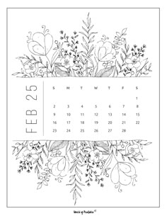 Stay organized in style with this beautiful February 2025 calendar featuring intricate floral artwork. Perfect for those who love a touch of nature in their planning, this printable calendar adds a decorative flair while helping you keep track of your month. Great for home, office, or as a gift! Bujo Flowers, Ring Vector, Doodle Bug, September Calendar, Unique Calendar