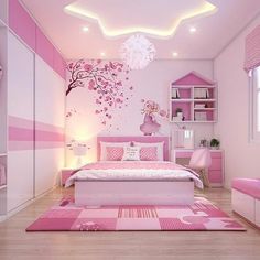 a bedroom with pink furniture and decor in the style of children's room design