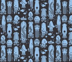 an octopus and squid pattern on a black background