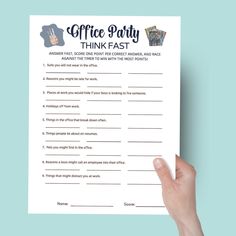 a hand holding up a coffee party think fast printable sheet with the words coffee party on it