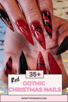 Gothic Christmas Nail Designs, Red Nails Black Design, Gothic Xmas Nails, Red Black Christmas Nails, Black Red Christmas Nails, Black And Red Holiday Nails, Christmas Nails Red And Black, Christmas Nail Design Ideas, Unique Christmas Nail Designs