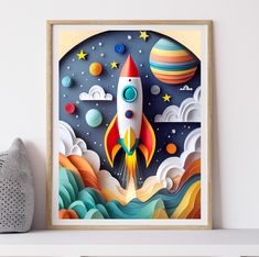 an art print of a rocket ship flying through the sky with planets in the background