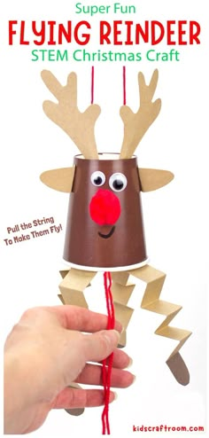 Enjoy a Christmas STEM activity with this Flying Paper Cup Reindeer Craft. Pull the string to make Rudolf fly up and down! A fun educational Christmas craft for kids. 
#kidscraftroom Reindeer Crafts, Winter Animal Crafts, Flying Paper, Paper Cup Crafts, Flying Reindeer, Cup Crafts