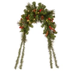 a christmas wreath with pine cones and berries hanging from it's sides on a white background