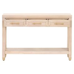 a white table with two drawers and gold handles on the bottom, against a white background