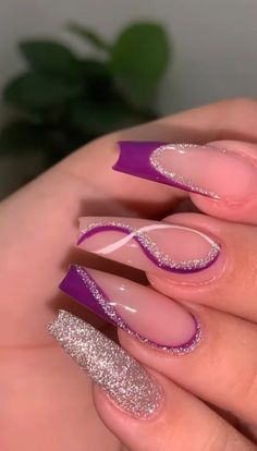 Purple And Silver Nails, Ongles Bling Bling, Purple Acrylic Nails, Purple Nail Designs, Blue Acrylic Nails, Fancy Nails Designs, Fancy Nails, Purple Nails, Cute Acrylic Nails