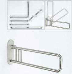 two pictures of the handles and bars on a towel rack, one in stainless steel