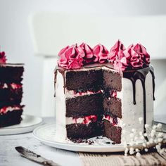 a chocolate cake with pink frosting on a white plate