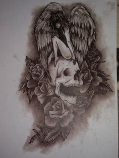 a drawing of an angel and skull with roses