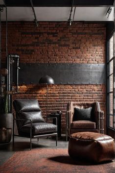 an industrial living room with brick walls and leather chair, footstool, ottoman and lamp