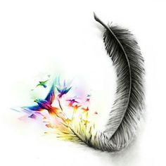 an artistic drawing of a feather and birds