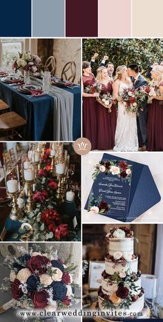 wedding color palettes with burgundy, blue and white flowers on the table for an autumn wedding