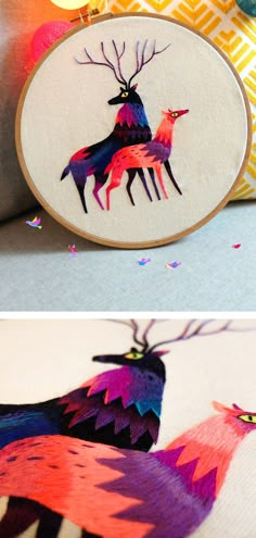 two pictures of different colored birds in the process of being embroidered on fabric with thread