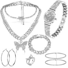 PRICES MAY VARY. Complete Jewelry Set: our package offers the butterfly jewelry set with a complete set that includes 1 diamond watch, 2 butterfly necklaces, 1 butterfly bracelet, 2 simple bracelets, 1 butterfly ring, and a pair of simple hoop earrings; This comprehensive collection meets all your fashionable needs, letting you mix and match pieces for different occasions Exquisite Material: discover the enchanting charm of our butterfly themed necklace earring set made from alloy and rhinestone Silver Cubic Zirconia Butterfly Necklace, Nickel Free Sterling Silver Butterfly Necklace, Silver Butterfly Jewelry With Rhinestones, Luxury Silver Butterfly Necklace, Silver Butterfly Necklace With Metal Chain, Butterfly Jewelry Set, Butterfly Necklaces, Walmart Jewelry, Simple Hoop Earrings