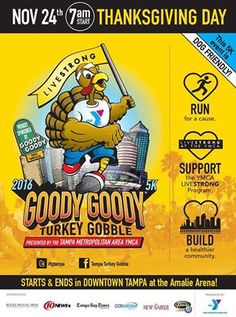 an advertisement for the thanksgiving turkey gourmet event, with a turkey holding a flag