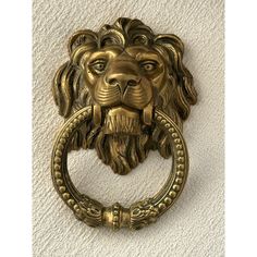 a brass lion head door knockle on a white wall with a circular handle in the shape of a ring