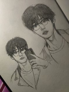 pencil drawing of two young men looking at a cell phone screen with glasses on their faces