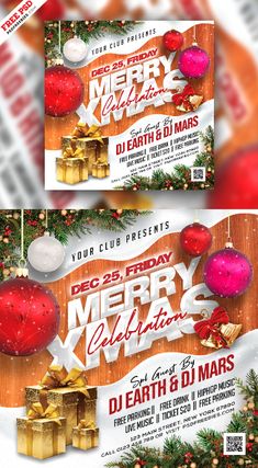 two christmas flyer templates with presents on the front and back, in red and white