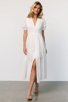 Esther Eyelet Midi Dress | Off White - Baltic Born Eyelet Midi Dress, Dress Puff Sleeve, Baltic Born, Shimmer Dress, Midi Dress Style, Eyelet Fabric, Mauve Dress, Vintage Inspired Dresses, Midi Length Skirts