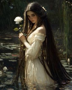 a painting of a woman with long hair holding a flower in her hand and standing in water