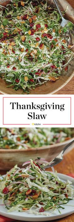 two plates filled with salad and the words thanksgiving slaw on top of each plate