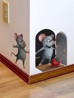 two cartoon mouses standing in front of a door with an apple on the floor