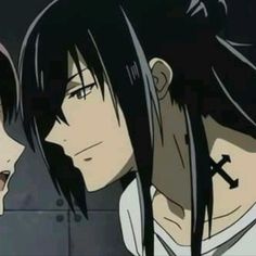 two anime characters with black hair and white shirts looking at each other in front of a mirror