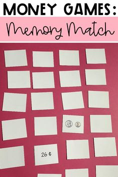 the money game memory match is shown on a pink background with white pieces of paper