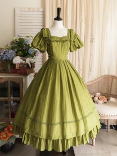 Olive Green Puff Sleeves Elegant Classic Lolita Princess Dress Green Puff Sleeve Dress For Wedding, Green Puff Sleeve Dress In Cottagecore Style, Green Cottagecore Dress With Ruffles, Vintage Green Puff Sleeve Dress, Vintage Green Dress With Puff Sleeves, Green Vintage Dress With Ruffles For Garden Party, Green Vintage Victorian Dress With Ruffles, Vintage Green Square Neck Dress, Green Ruffled Vintage Dress