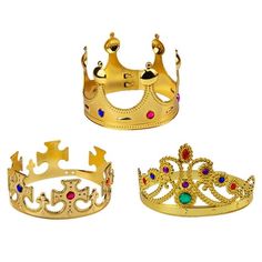 three gold crowns with different colored stones on the sides and one wearing a tiara