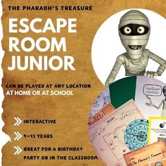 an advertisement for the escape room junior at home or at school, with a skeleton holding a globe