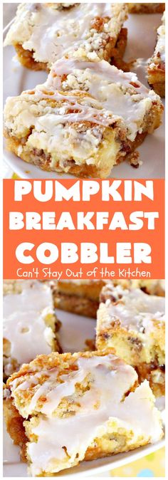 pumpkin breakfast cobbler with white frosting on top