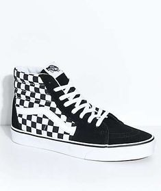 Vans Sk8-Hi Black & White Checkered Skate Shoes Vans Shoes Checkered, Teenage Shoes, Vans Old Skool High Top, Vans Old Skool High, Outfits With Vans, Vans Sk8 Hi Black, How To Wear Vans, Vans Checkered, Tenis Vans