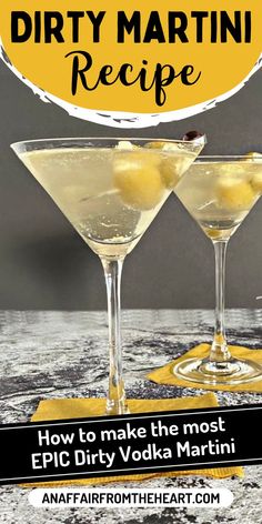 Two Dirty Martini Cocktails with stuffed olives in them. Classic Martini Recipes, Irish Martini, Flavored Martini Recipes, Extra Dry Martini Recipe