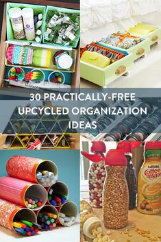 several different storage containers with the words practically - free upcycled organization ideas