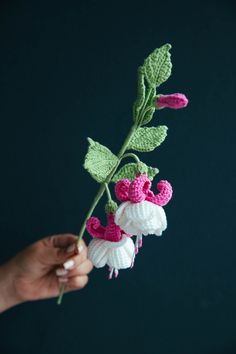 crocheted flowers are being held up by someone's hand on a dark background