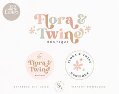 the logo for flora and twin boutique is shown in three different colors, including pink